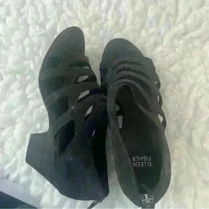Eileen Fisher Women's  Black Leather Cage Strap Back Zip Heeled Sandals Size 9